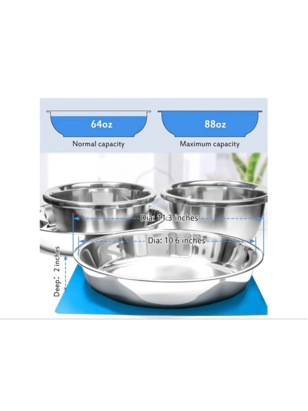 NEW Shallow Dog Food Bowls Non Slip Food Grade Stainless Steel Large Dogs 8 Cups